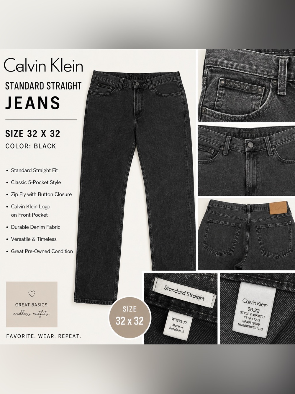 Calvin Klein Standard Straight Black Wash Jeans | Men’s 32x32